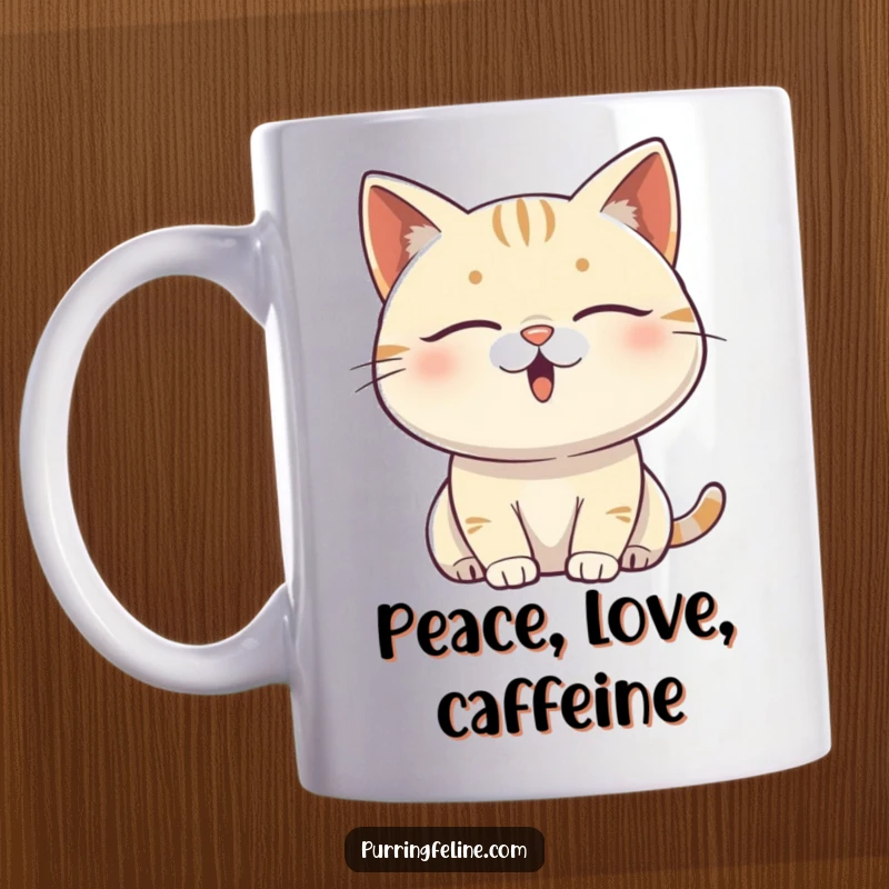 Funny content cat mug showing a blissful feline with closed eyes, vibrating with gentle, happy energy and contentment.
