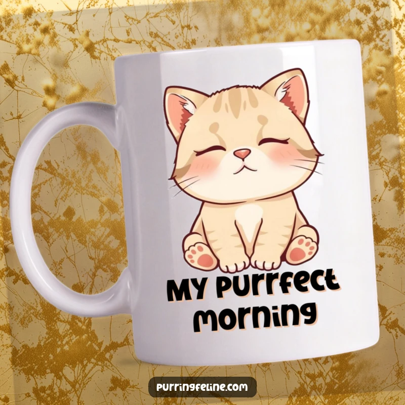 Funny Mug featuring a contented cat cub softly murmuring, radiating peaceful vibes, perfect for a calm and humorous moment.