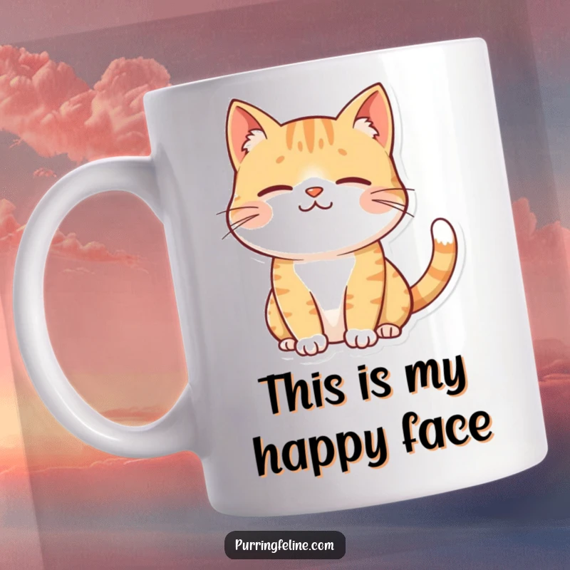 Funny contented cat mug, a cat with a gentle smile and softly twitching tail, exuding pure, calm happiness.
