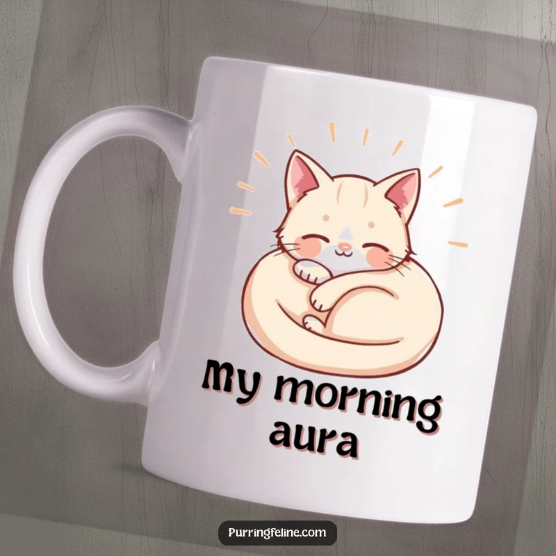 Funny Mug depicting a curled-up cat with soft waves of contentment radiating outward, symbolizing inner peace and happiness.