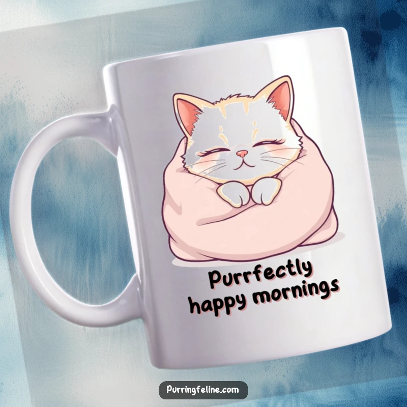 Funny cat mug, cozy cat nestled in a blanket, purring audibly, humorous comfort gift for cat lovers.