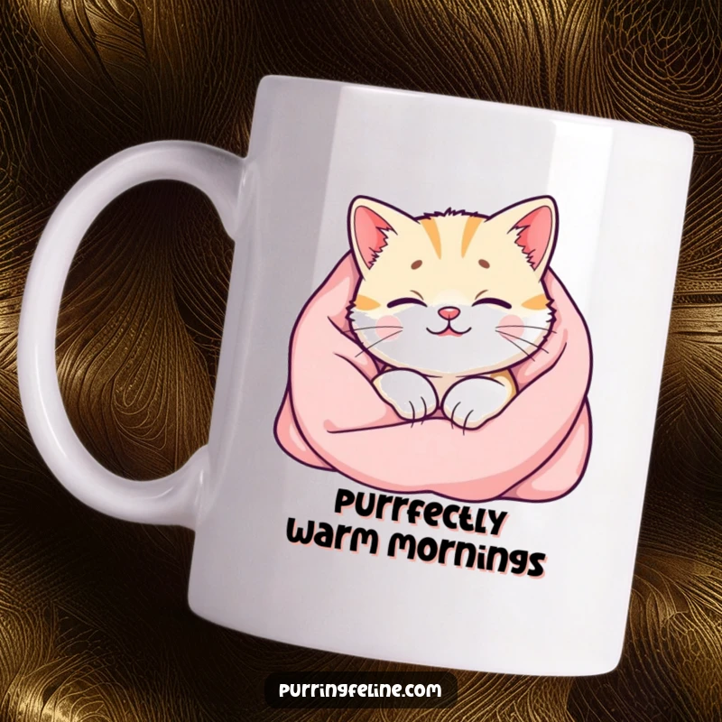 Funny cat mug with a happy feline nestled in a soft blanket, its purr emitting a warm, visible glow, perfect for cozy mornings.