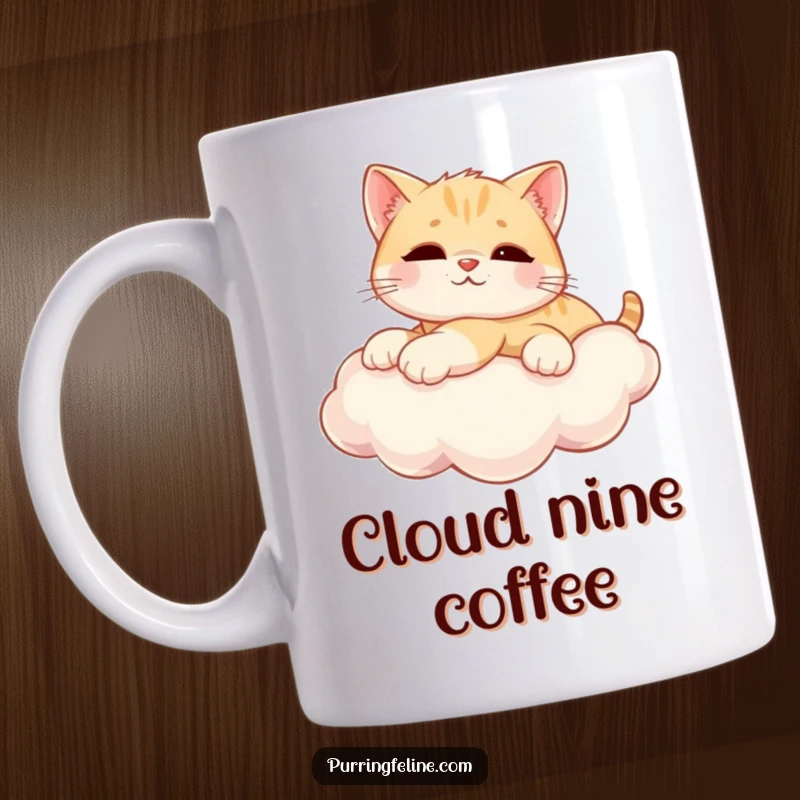 Funny Mug shows a relaxed cat cub stretched out comfortably on a fluffy, sunny cloud, embodying pure peace and joy.