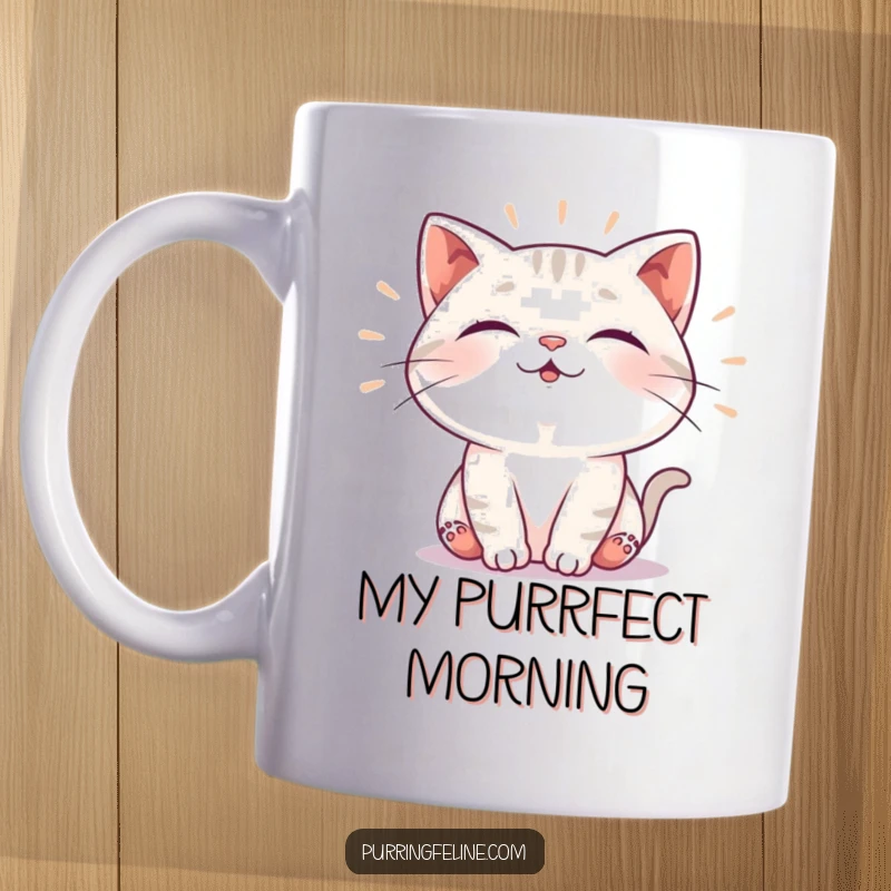 Funny cat mug featuring a contented feline emitting soft, rhythmic purr vibrations, symbolizing peaceful happiness and relaxation, a perfect cozy gift.