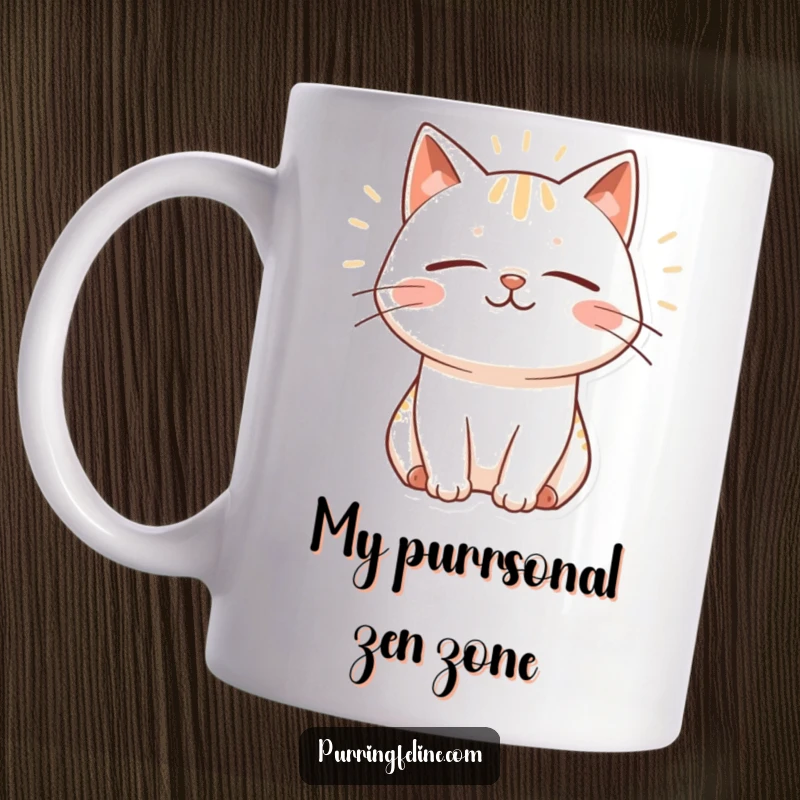 Funny Mug featuring a smiling cat with closed eyes, radiating peaceful vibes and gentle purr vibrations, a symbol of pure contentment.