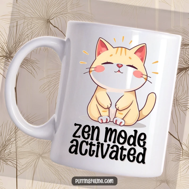 Funny mug depicting a relaxed cat vibrating with a peaceful, steady hum, symbolizing ultimate tranquility and relaxation, a perfect gift.