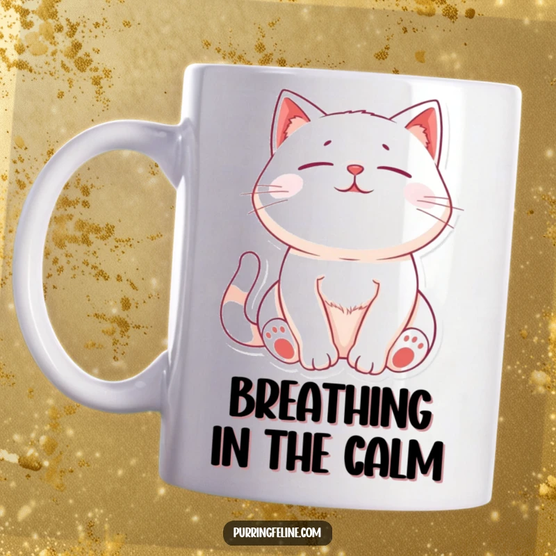Funny Relaxed Cat Mug: A serene cat with its chest gently rising and falling, lost in peaceful purrs.