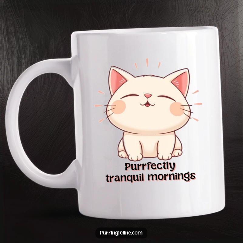 Funny mug showing a content cat with closed eyes emitting gentle, pulsating sound waves of calm.