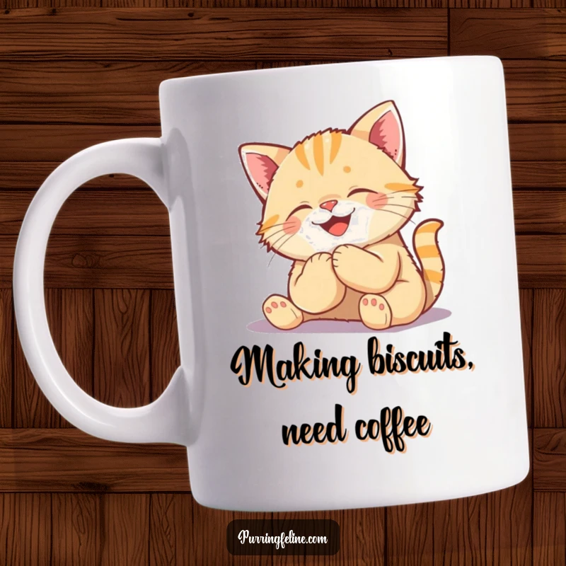 Funny Kneading Cat Cub Mug - a joyful kitten making biscuits on a soft surface, radiating happiness and warmth.
