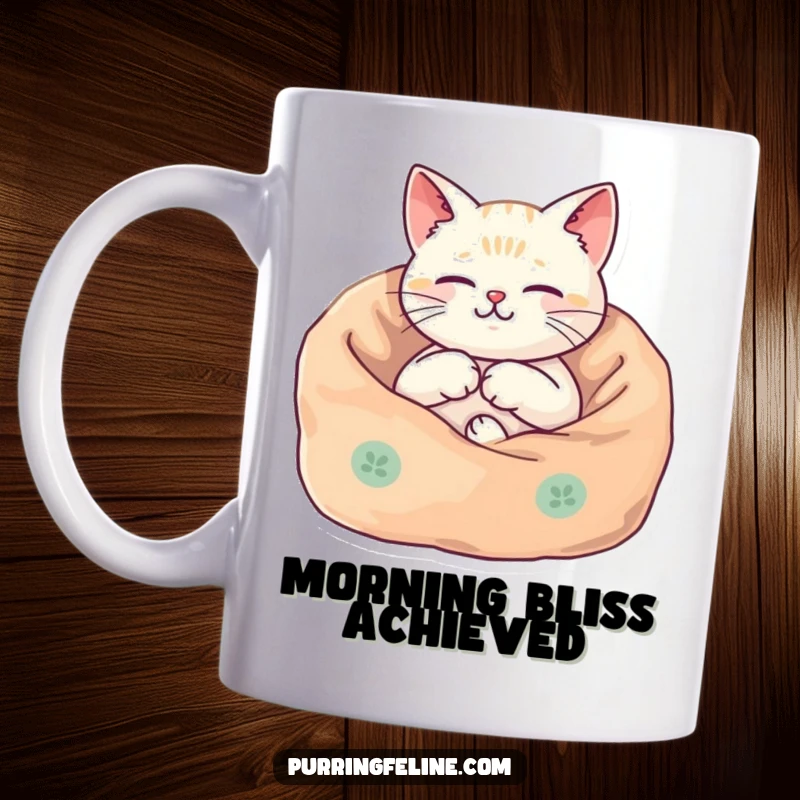 Funny Mug showing a cat nestled in a blanket, its body harmoniously vibrating, exuding ultimate cozy contentment and peace.