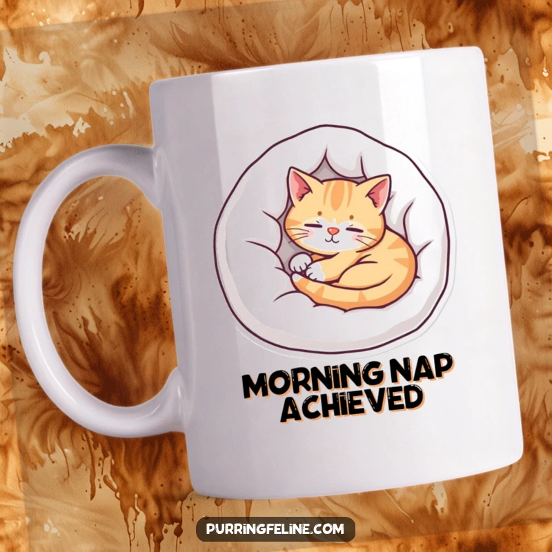 Funny mug showing a deeply contented cat peacefully curled up in a soft, inviting bed, evoking warmth and calm.