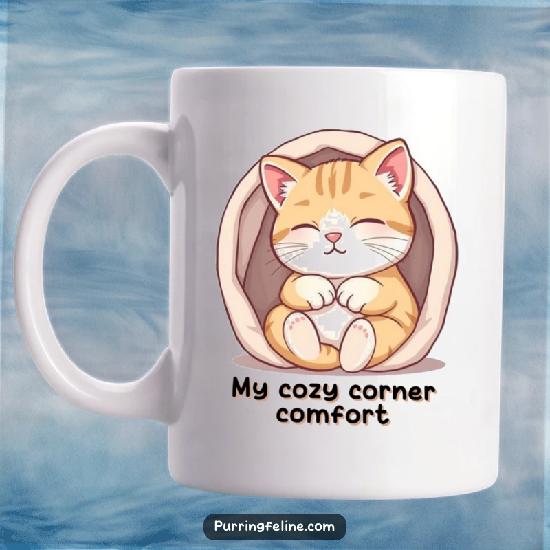Funny purring cat mug, a happy cat tucked snugly into a small, warm space, radiating contentment and joy.