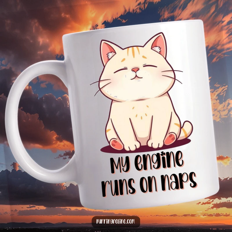 Funny mug showcasing a deeply relaxed cat with a visible purr vibration, radiating pure contentment and zen.