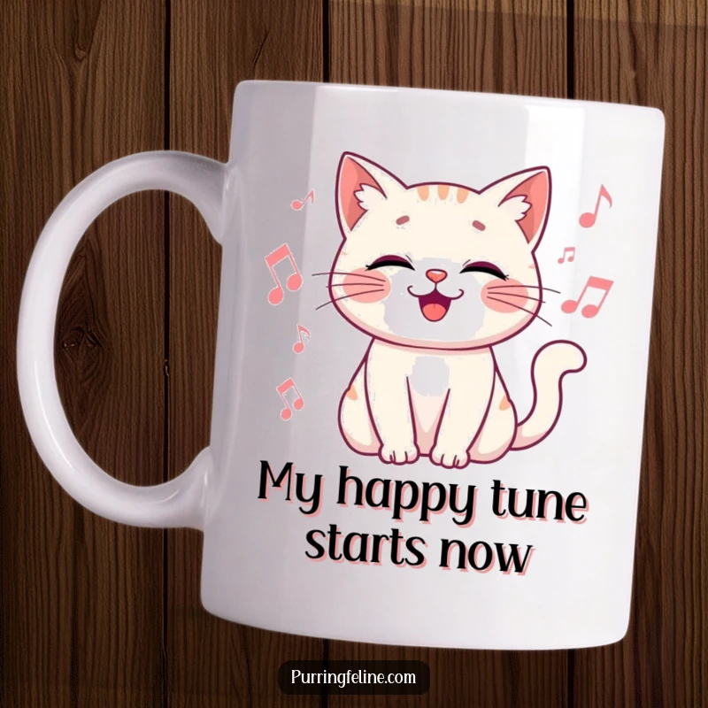 Funny Mug with a happy cat vibrating gently, surrounded by musical notes, radiating pure joy.