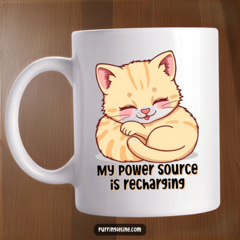 Funny Purring Cat Cub Mug - a tiny kitten curled up, radiating warmth and contentment, perfect for cozy moments.