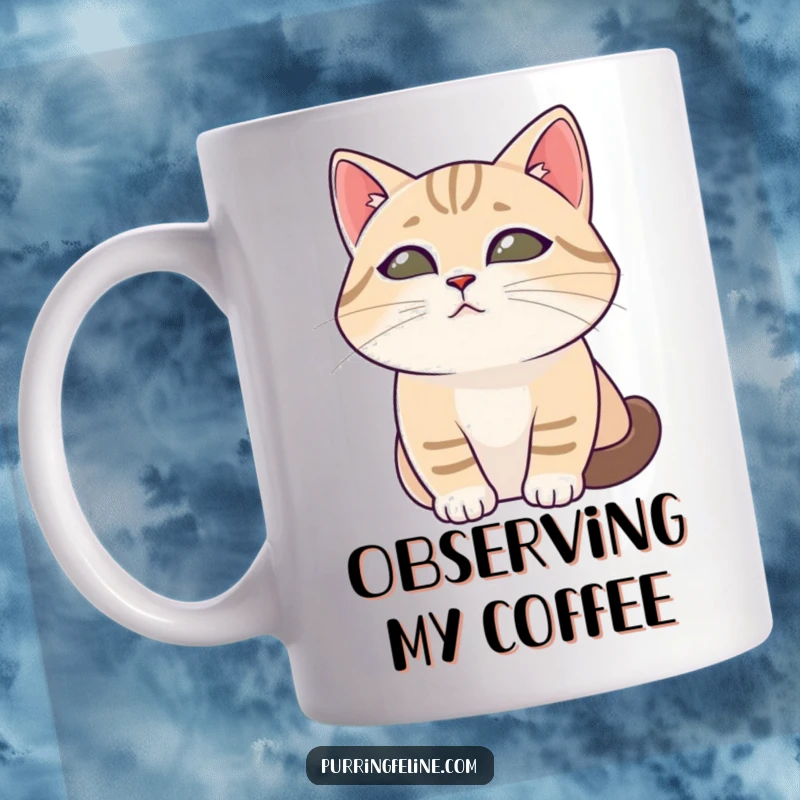 Funny mug depicting a serene cat with soft, gentle eyes calmly watching the world, embodying tranquility and peace.