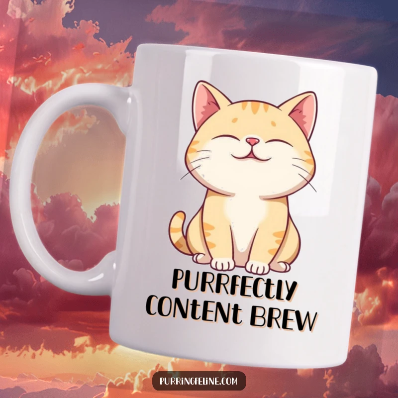 Funny Mug depicting a purring cat with eyes gently closed and a completely relaxed posture.