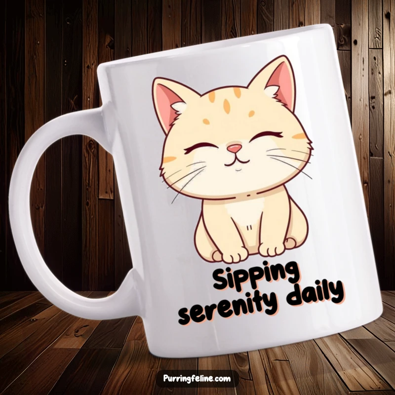 Funny Mug featuring a serene cat with a subtle, knowing smile, emanating an aura of tranquil happiness.