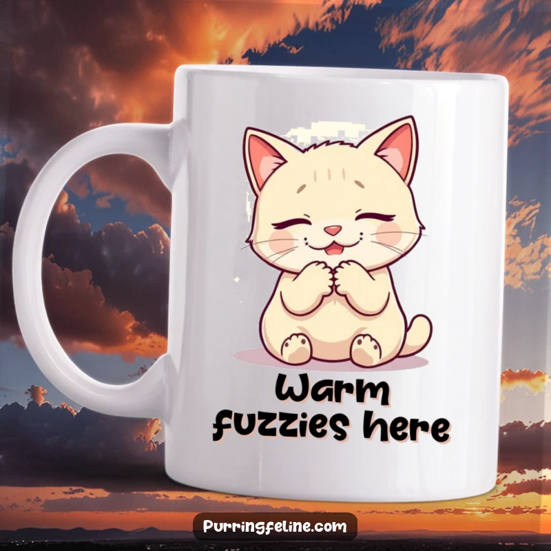 Funny mug showing a content cat purring with a soft, warm glow, radiating peace and happiness.