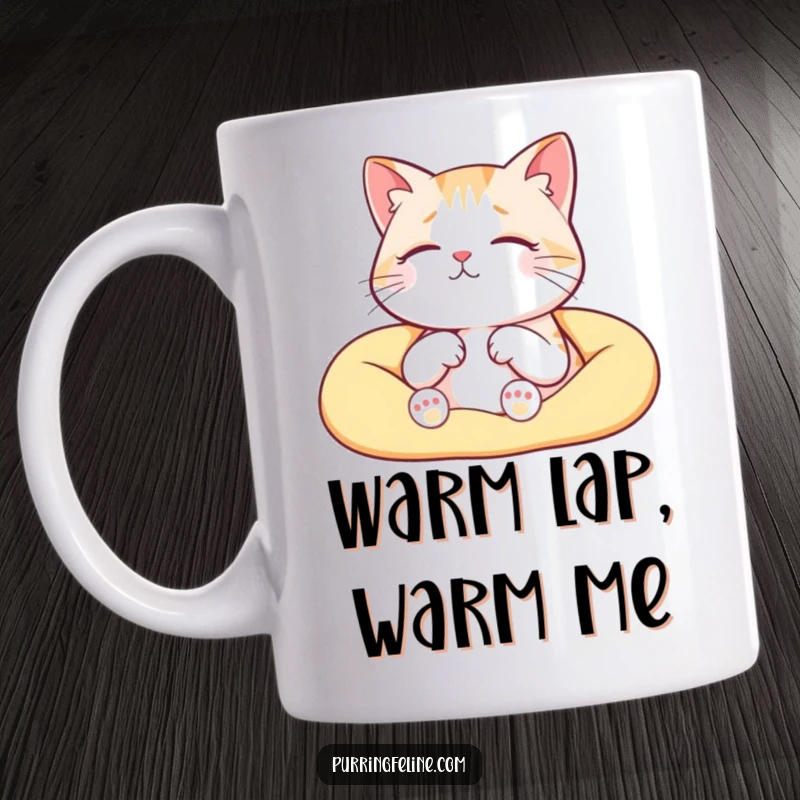 Funny serene cat mug, a relaxed cat enjoying a warm lap, emitting soft purrs, radiating comfort and joy.