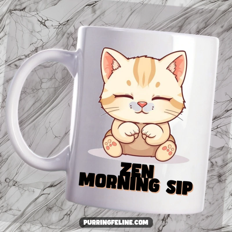 Funny Cat Mug: A peaceful cat cub sits composedly with its paws tucked neatly underneath, exuding calm and serenity.