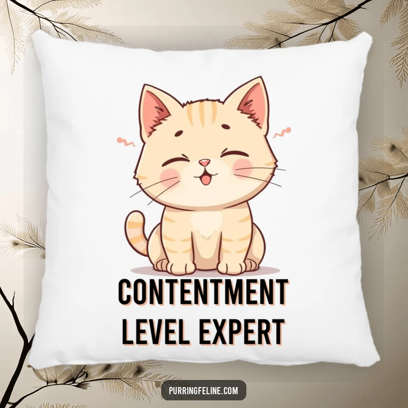 Funny Cat Pillow: A plush cushion featuring a serene cat emitting a gentle rumble, ears perked in peaceful contentment.