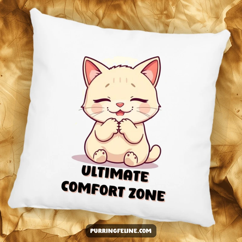 Funny pillow with a purring cat and warm glow, offering soft serenity and humor.