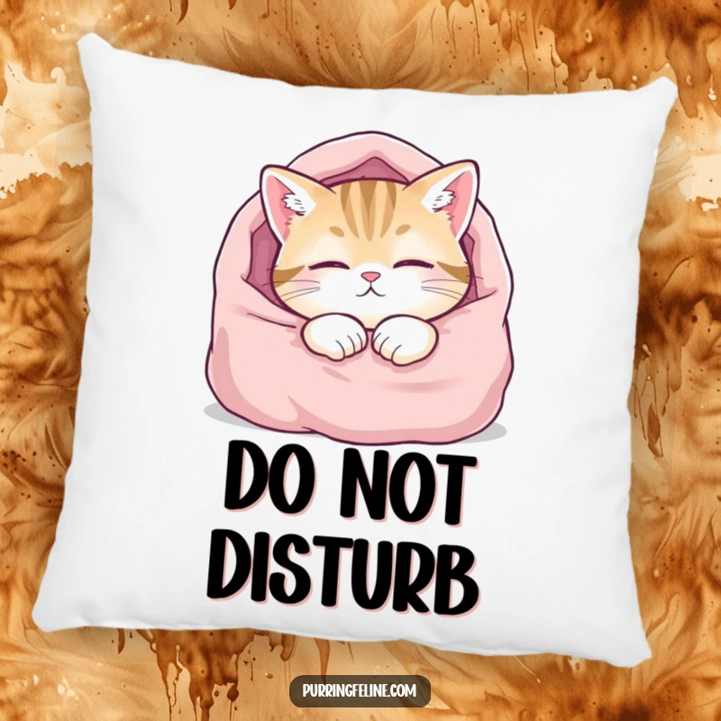 Funny pillow featuring a content cat nestled in a blanket, eyes closed, offering comfort and a touch of humor for any room.
