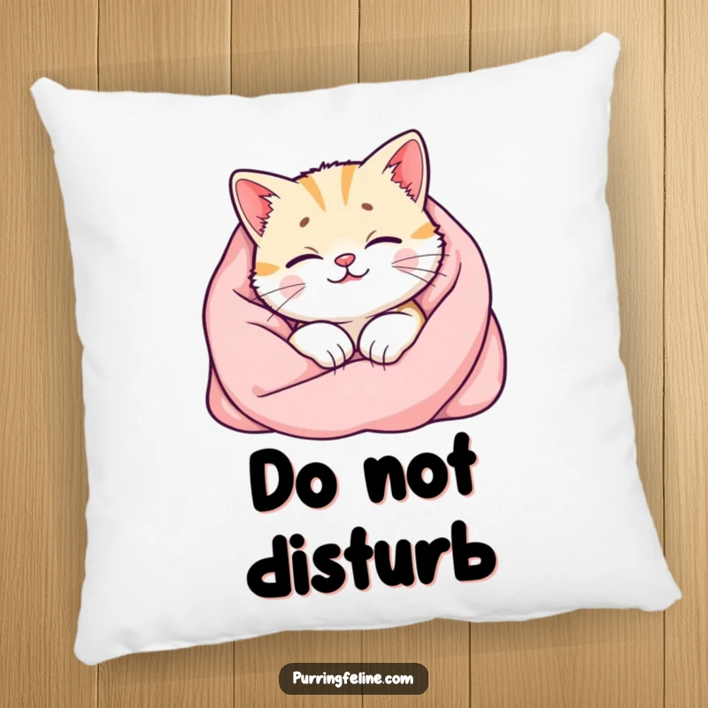 Funny cat pillow showcasing a happy cat nestled in a soft blanket, its purr radiating as a visible warm glow, providing plush comfort.