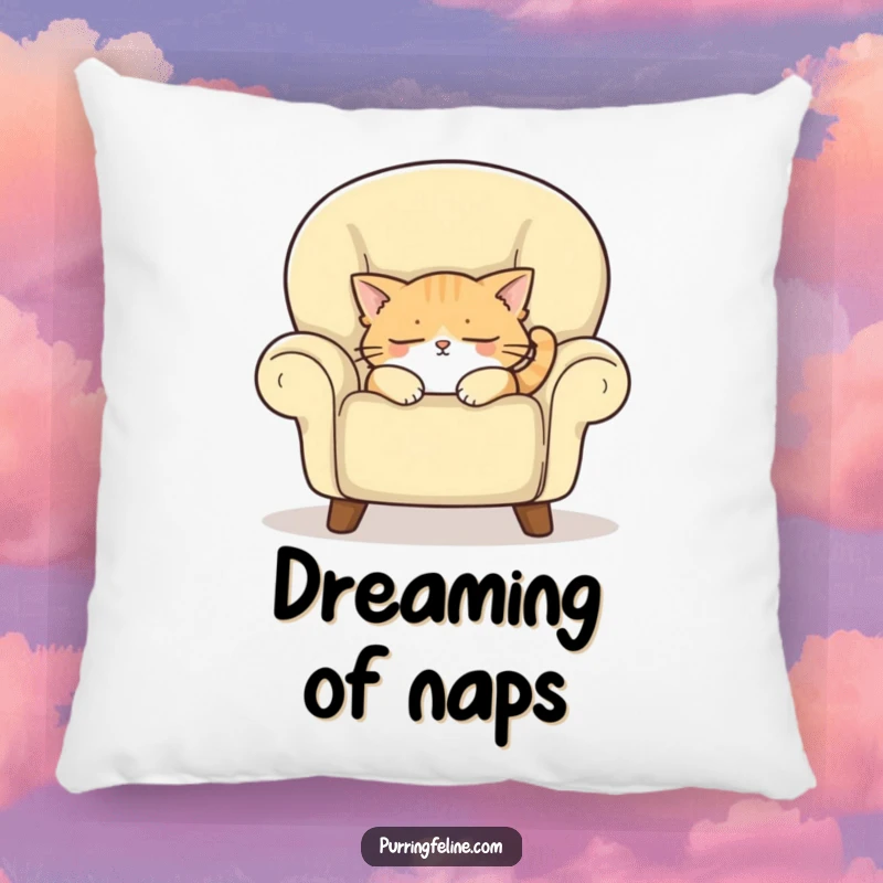 Funny pillow featuring a sleepy cat nestled in a cozy armchair, offering comfort and a touch of humorous relaxation.