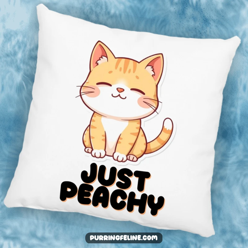 Funny contented cat pillow, a cat with a peaceful gentle smile and a softly twitching tail, embodying cozy relaxation.