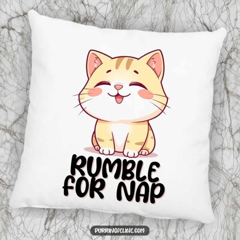 Funny Pillow: A soft cushion illustrating a happy, content cat emanating a soft rumble, symbolizing peace and joy.