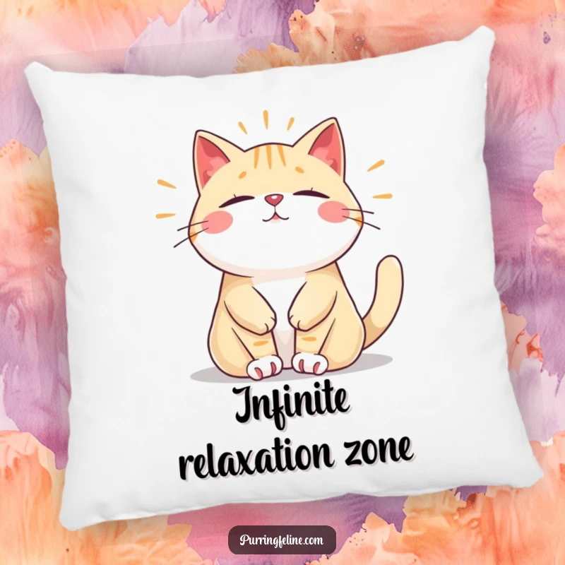 Funny pillow featuring a relaxed cat vibrating with a peaceful, steady hum, providing cozy comfort and humorous serenity, a perfect gift.