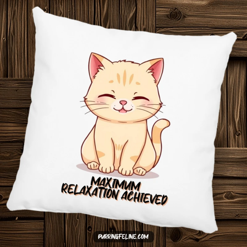 Funny rumbling cat pillow featuring a content cat in a relaxed posture, softly rumbling with peaceful comfort.