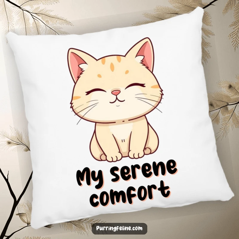 Funny Pillow showcasing a serene cat with a subtle smile, offering humorous tranquility for your relaxation.