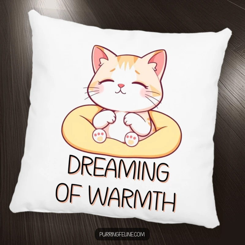 Funny serene cat pillow, a cat purring contentedly in a warm lap, embodying ultimate comfort and coziness.