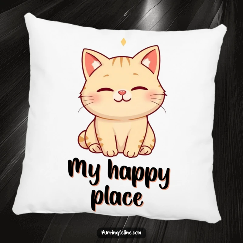 Funny serene cat pillow featuring a smiling cat radiating a visible hum of happiness, offering plush comfort and relaxation.