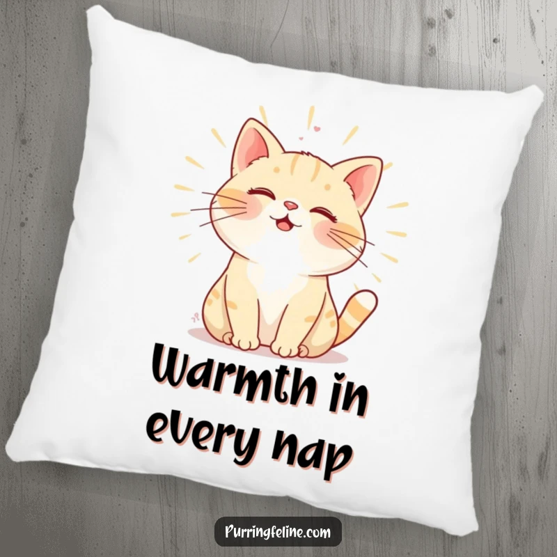 Funny Pillow: A soft cushion illustrating a purring cat radiating warmth through its gentle hum, symbolizing comfort and love.