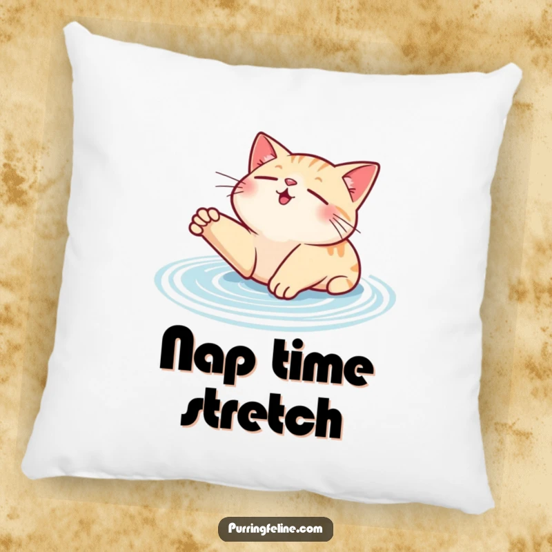 Funny contented cat pillow, a soft cushion featuring a cat stretching with visible purr ripples, conveying deep relaxation.