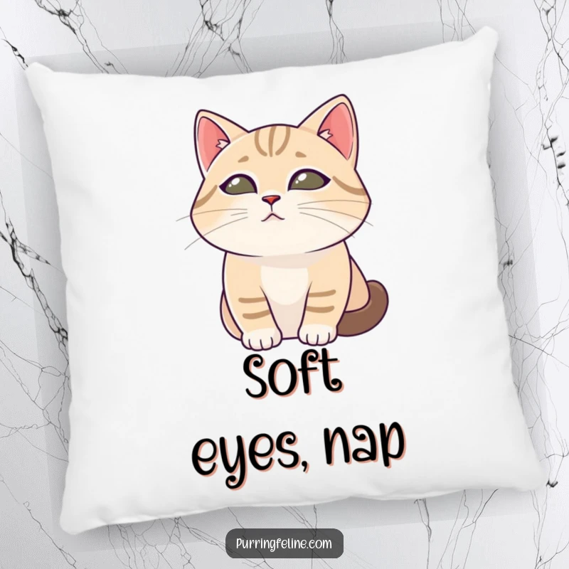 Funny cat pillow depicting a tranquil cat with soft eyes observing, offering peace and a touch of gentle humor.