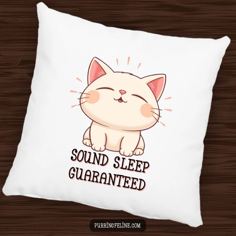 Funny pillow with a content cat character, eyes closed, emitting gentle, pulsating sound waves.