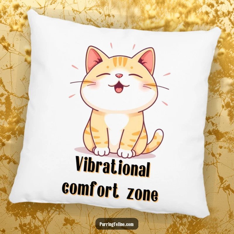 Funny Pillow: A soft cushion illustrating a cat’s deep satisfaction through subtle vibrations, symbolizing peace and happiness.