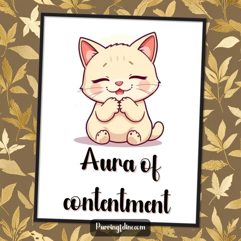 Funny digital art print of a purring cat with a warm glow, great for instant decor.