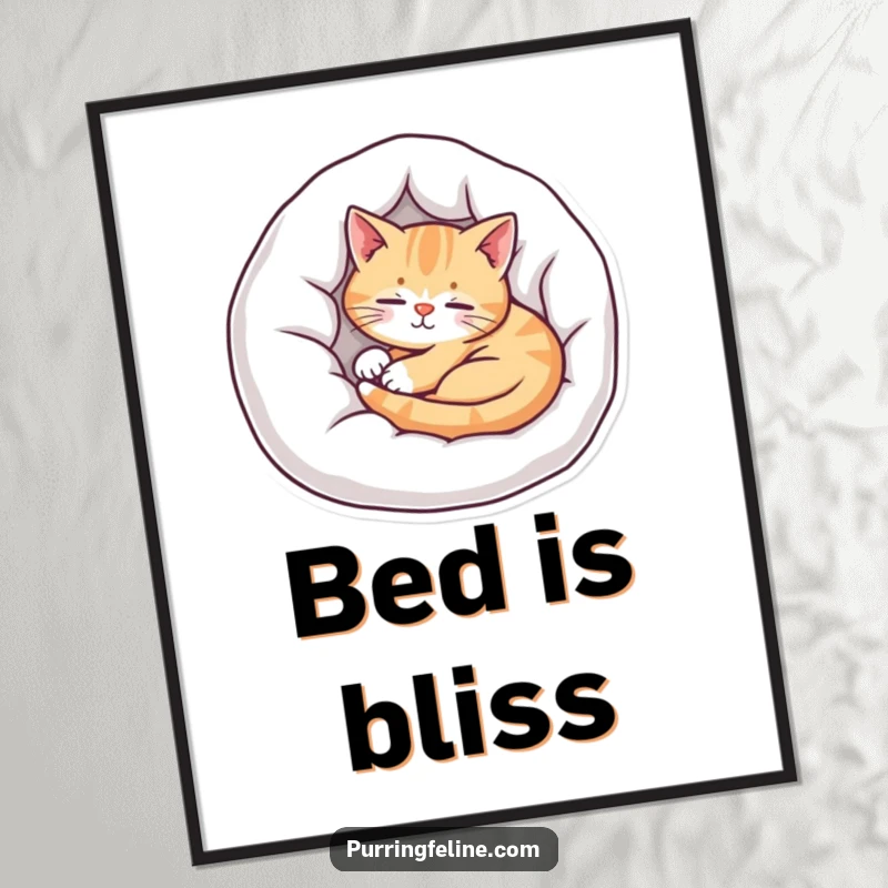 Funny cat digital art print showing a deeply relaxed cat sleeping in a cozy bed, evoking tranquility and comfort.