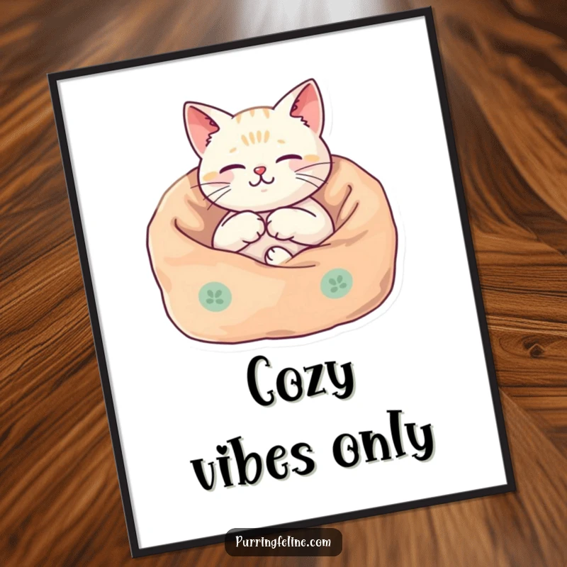 Funny Digital Art Print of a cat nestled in a cozy blanket, its body vibrating harmoniously, instantly downloadable art.