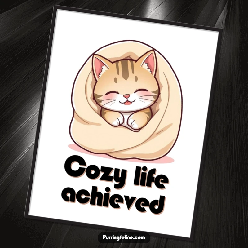 Funny Cozy Cat Digital Art Print of a cat happily burrowing into a warm, soft blanket, embodying pure comfort.