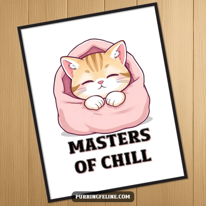 Funny digital art print of a content cat enjoying a deep sleep in a soft blanket, radiating peace and humor.