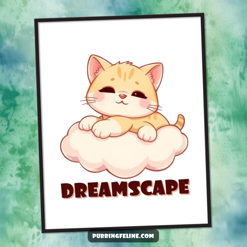 Funny Digital Art Print of a relaxed cat cub stretched on a sunny cloud, ideal for instant dreamy decor.