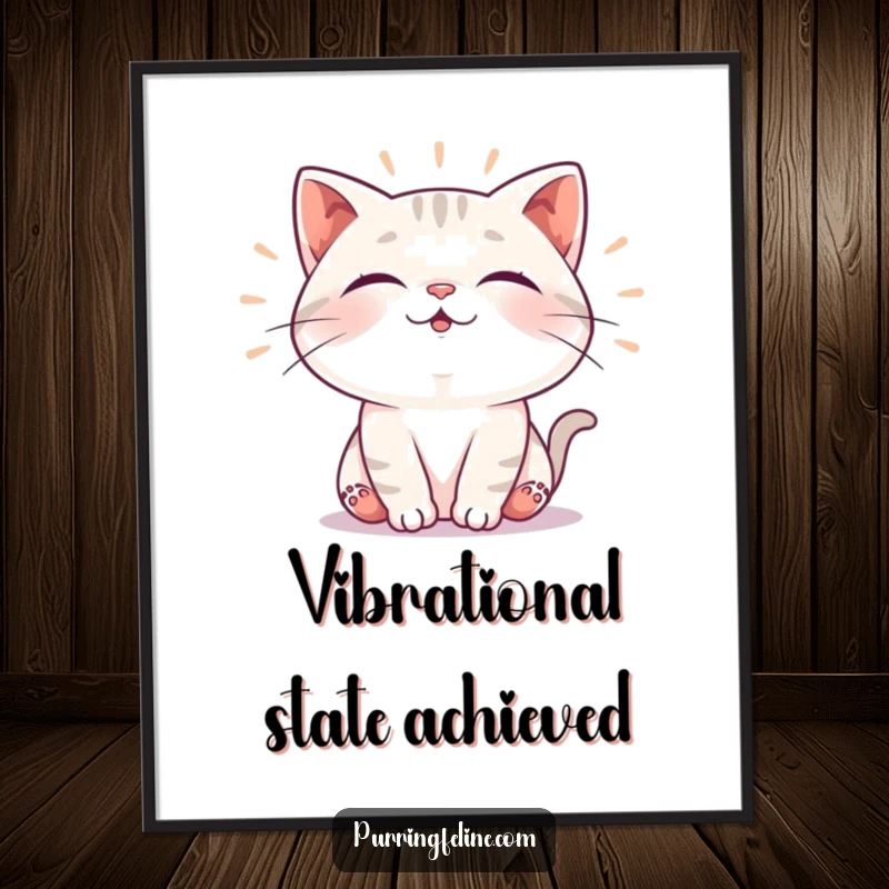 Funny digital art print of a cat emitting soft, rhythmic vibrations of contentment, symbolizing peace and happiness, a downloadable and humorous gift.