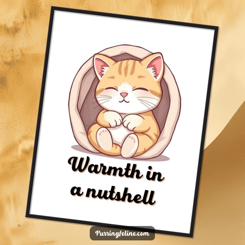 Funny purring cat digital art print, a cat contentedly purring while tucked into a small, warm space, embodying cozy security, ready to frame.